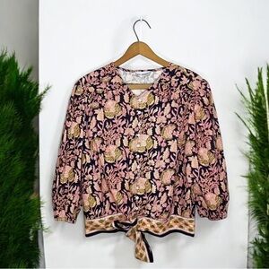 PAPER PARACHUTE Button Down Floral Damask Print Boho Ruffle Tie Front Blouse